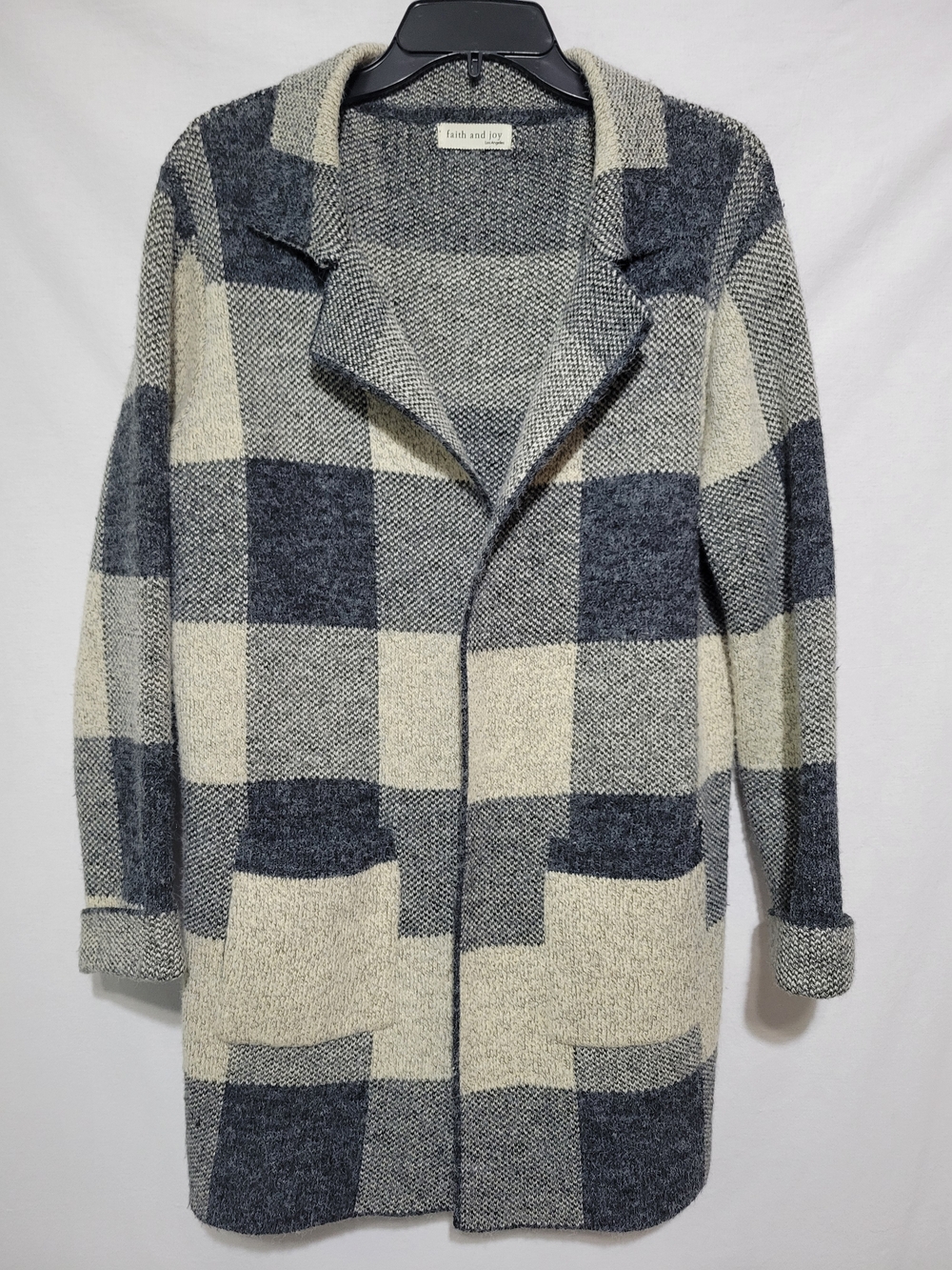 Faith and Joy Women's Gray and Cream Plaid Open Cardigan Sweater